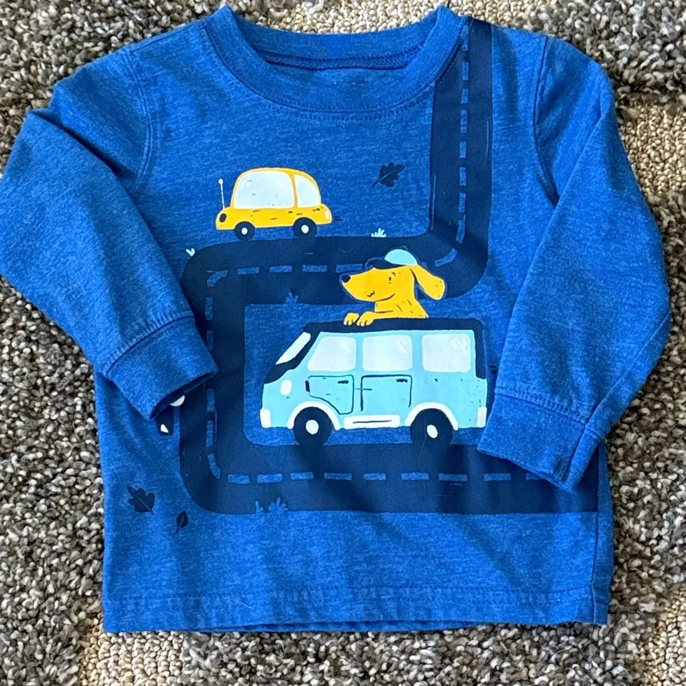 Carters Baby Boy Dog Driving Car Blue Tee Gray Striped Onesie Joggers Lot 3 Pc
